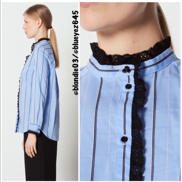 Sandro “Lunaire” striped shirt with Ruffle Trim 1/S - Picture 2 of 11